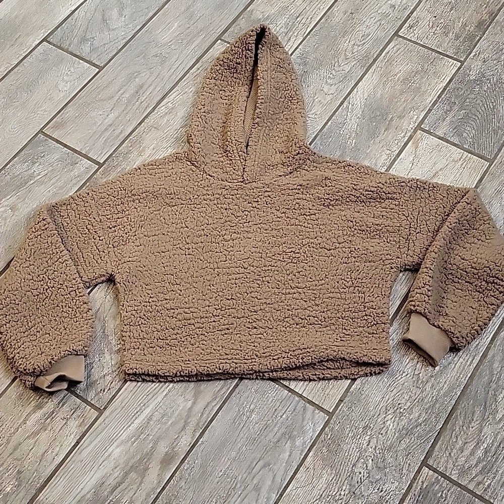 Brown Cropped Shearling Hooded Shirt